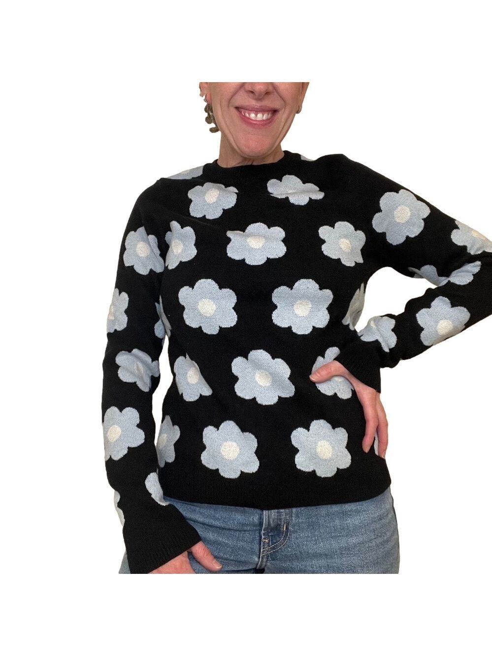 Cynthia Rowley Sweater, Women's M, Black w/ Cute Pale Blue & White Daisy Flowers